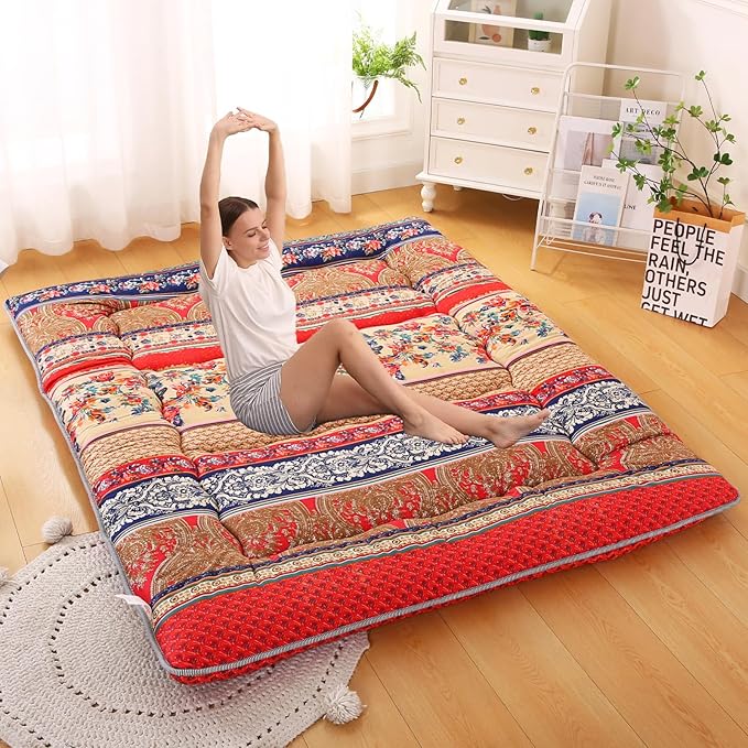 Bohemian Retro Japanese Floor Mattress, Vintage Floral Tatami Floor Mat, Portable Roll up Futon Mattress for Guest,Tavel (A,Full 80" X 47")
