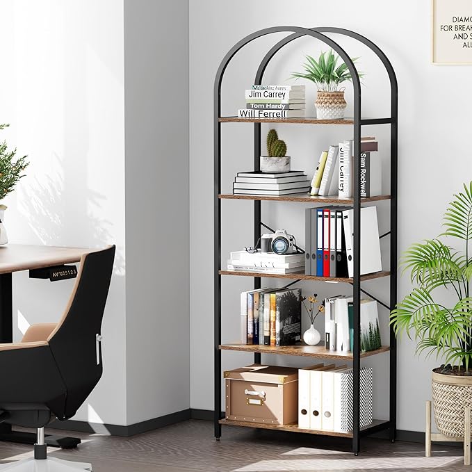 Homhedy 5-Tier Bookshelf Arched Display Racks, Wood and Metal Bookcase, Tall Bookshelf, Industrial Display Standing Shelf Unit, for Home Office, Living Room, Bedroom, Bathroom, Rustic Brown