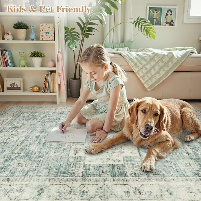 LIVEBOX Entryway Rug 3x5 Washable Area Rugs for Kitchen Bathroom, Non-Slip Front Door Mat for Bedroom, Boho Low-Pile Carpet Farmhouse Throw Indoor Mats for Bath Laundry Room, Sage Green