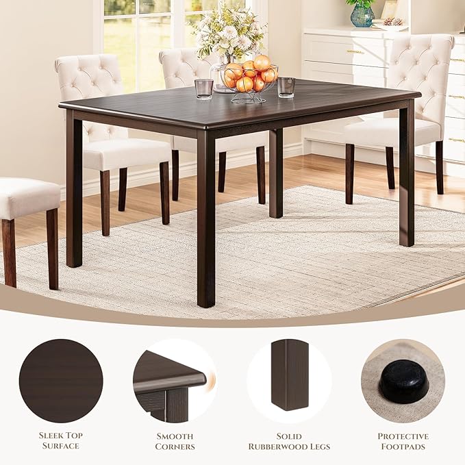 COLAMY 60 Inch Rectangular Kitchen Dining Table for 4, Modern Farmhouse Dining Table Set for 4, Wood Dining Table and Upholstered Dining Chairs for Kitchen, Dining Room, Restaurant, Brown/Beige