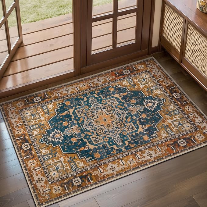 Tangsoo 2x3 Washable Rug for Entryway, Vintage Non Slip Small Area Rug, Indoor Front Door Rug, Print Distressed Door Mat Carpet, Soft Low Pile Rugs for Entrance Kitchen Bedroom Rusty Orange