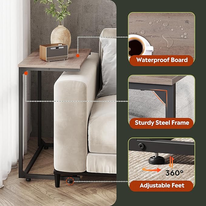 WLIVE C-Shaped End Table, Small Side Tables for Sofa, Wide Couch Table That Slide Under, Laptop Snack Table for Living Room, Bedroom, Home Office, Grey
