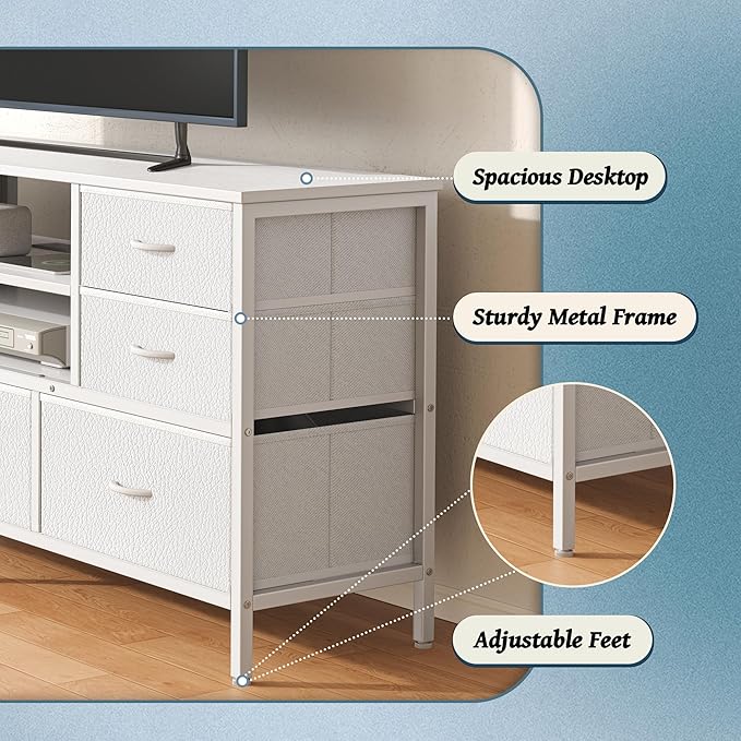 Huuger Dresser for Bedroom With Power Outlets and LED Lights, 7 Drawers TV Stand for 55 Inch TV, 47 Inches TV Console With Open Shelf, Wide White PU Leather