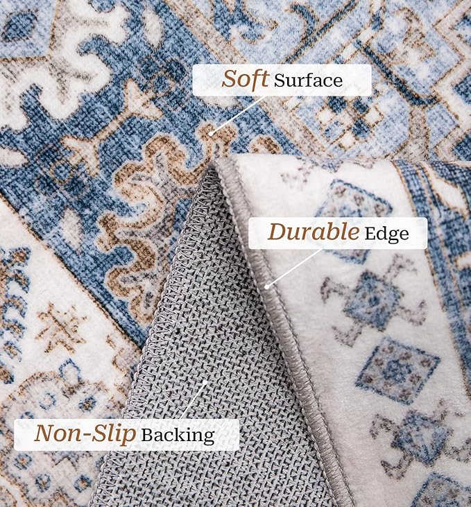 zesthome 4x6 Rug - Stain Resistant Washable Rug, Anti Slip Backing Rugs for Living Room, Foldable Vintage Small Area Rugs (Blue/Beige,4'x6')