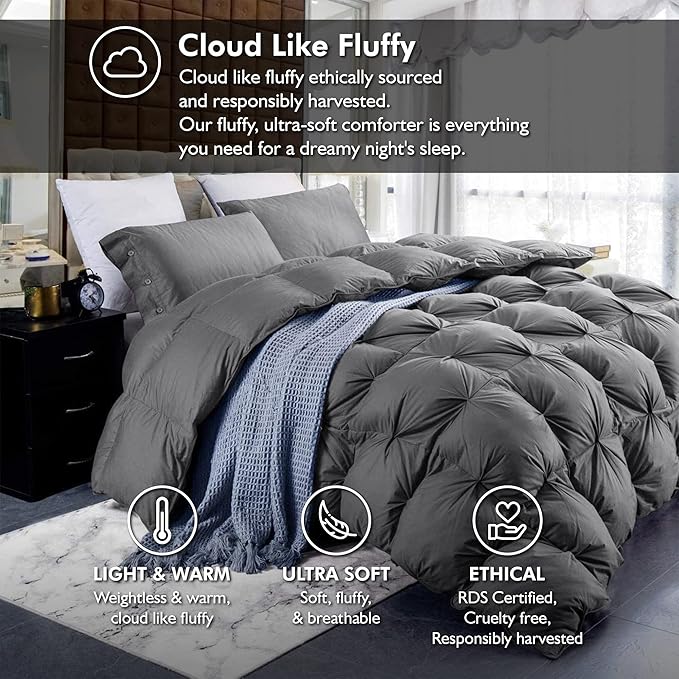 Luxurious All-Season Goose Down Feather Fiber Comforter Twin Size Duvet Insert, Exquisite Pinch Pleat Ruffled Twisted Flower, Premium Baffle Box, 100% Egyptian Cotton Cover, 50 oz. Fill Weight, Gray