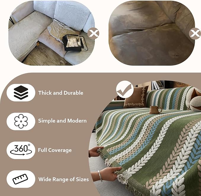 STACYPIK Thick Jacquard Green Couch Cover, Washable Sofa Cover for 2 Cushion Couch, Washable Chenille Couch Cover Blanket, Multi-use Sofa Protector Slipcover, Furniture Protector Pet-Friendly-71X118IN