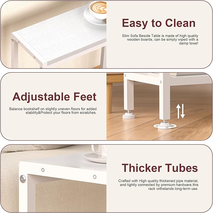 Narrow Side Table for Small Space Set of 2, 2-Tier Small End Table with Shelf Holder, Slim Nightstand, Skinny Snack Couch Table in Living Room, Bedroom, Study, Kitchen and Balcony（White