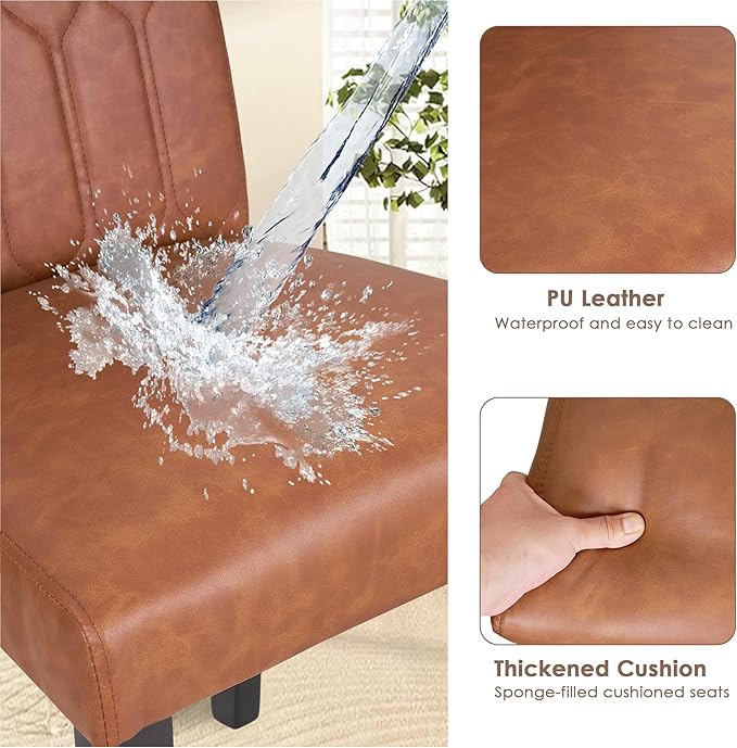 VECELO Upholstered Dining Chairs Set of 6, Modern PU Leather Accent Parsons, Solid Wood Legs w/Rubber Footpads, for Living Room Kitchen, Brown
