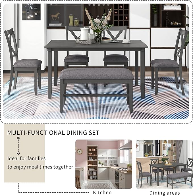 Merax 6-Piece Kitchen Dining Table Set Wooden Rectangular Dining Table, 4 Dining Chair and Bench Family Furniture for 6 People, Grey