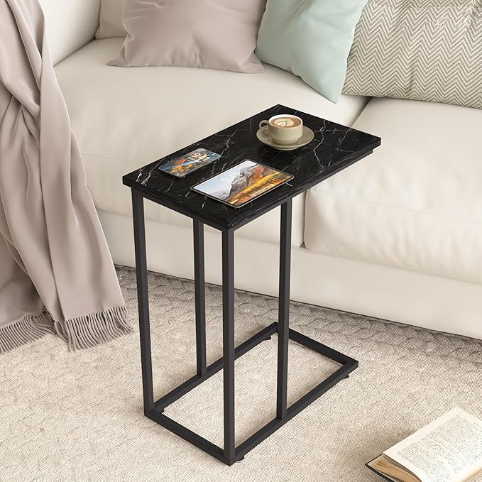 VECELO C Shaped End Side Table with Charging Station & Power Outlets for Couch Sofa/Bed Snack TV Tray with Metal Frame for Living Room Bedroom 1 Set, Black Marble