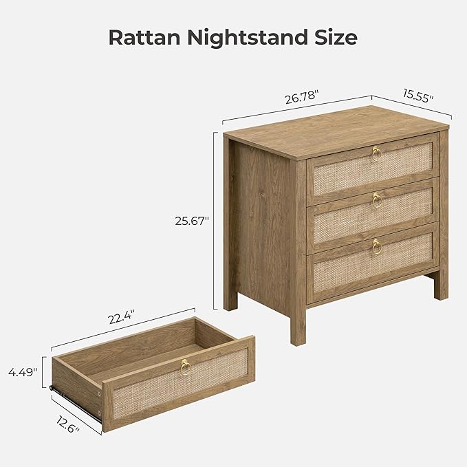 SICOTAS Nightstand Set 2 with Drawers - Large Rattan Bedside Table with Golden Handle, 3 Drawers Night Stand Tall End Table 26.78" Wide Side Table Boho Nightstand for Bedroom
