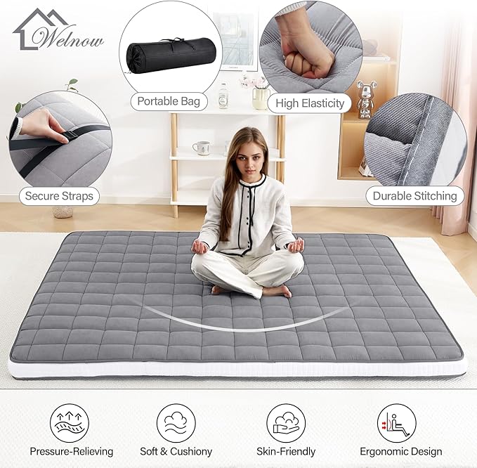 Welnow Japanese Futon Floor Mattress, Queen Size Thick Tatami Mat Portable & Foldable Roll Up Floor Bed Mattress with Storage Bag, Sleeping Pad for Adults, Dorm, Guest Bed, Camping and Travel, Grey