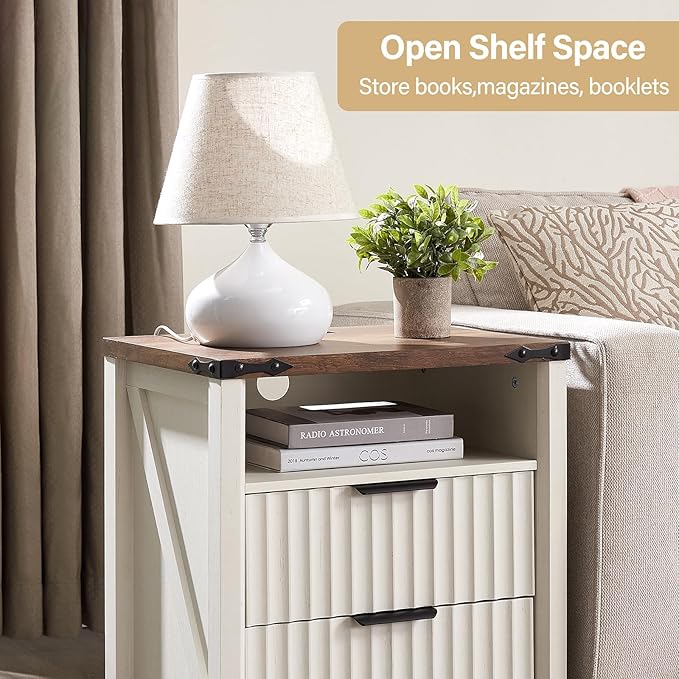 Antique White Nightstand with Charging Station Set of 2-20 Inch Wide Farmhouse Fluted Bedside Table with 2 Drawers, Modern Wood End Side Table for Bedroom Study Storage Home