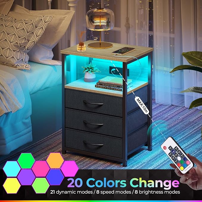 Seventable Nightstand with Charging Station and LED Light, Set of 2 Side Table with 3 Fabric Drawers, Bedside End Table with USB Ports and Outlets, Night Stand for Bedroom, Greige