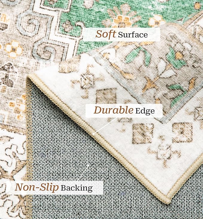 zesthome 8x10 Area Rugs for Living Room,Non-Slip Backing Washable Rugs,Vintage Large Area Rug，Stain Resistant Home Decor Rug (Green/Brown,8'x10')