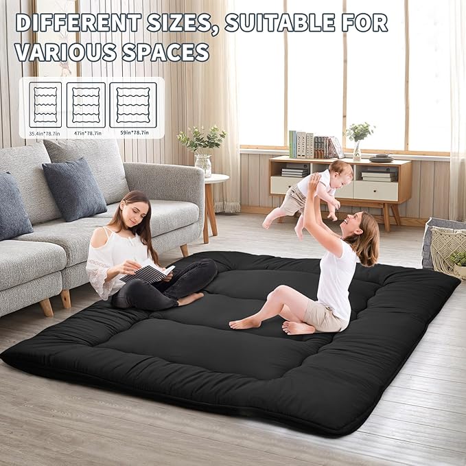 Japanese Floor Mattress,4" Thicken Japanese Floor Sleeping Pad Foldable,Futon Mattress Suitable for Camping and Guest Room (Black, Full (80" X 47"))