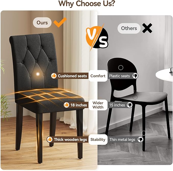 Upholstered Dining Chairs Set of 4, Button Tufted Parsons Dining Chair with Solid Wood Legs, Modern Fabric Side Chair for Dining Room/Kitchen/Restaurant/Hotel- Black