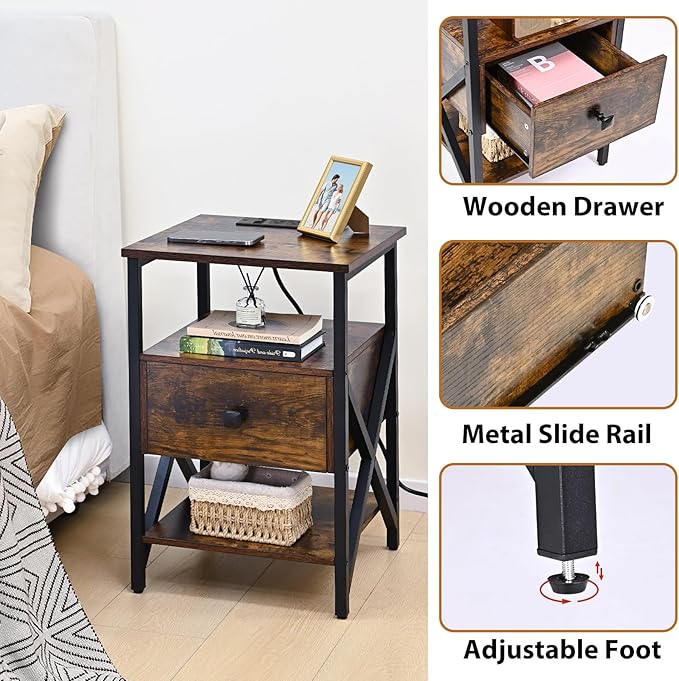 Nightstand Set of 2 with Charging Station and USB Ports, End Table Set of 2 with Outlets, Bedside Table End Tables with Drawer, Small Night Stand for Bedroom, Side Table, Living Room, Brown