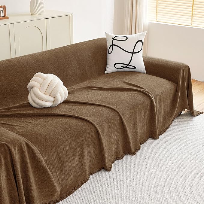 hyha Couch Cover for Dogs, Boho Sofa Covers for 3 Cushion Couch Washable, Chenille Sofa Slipcover for Pets, Soft Loveseat Sectional Couch Throw Blankets with Tassels (Chocolate, 71x150 Inch)
