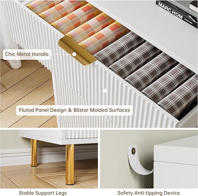GarveeHome White Dresser, Modern 5 Drawer Dresser for Bedroom with Gold Handle and Large Drawer, Wood Double Chest of Drawers and Storage Organizer for Living Room, Hallway, Entryway