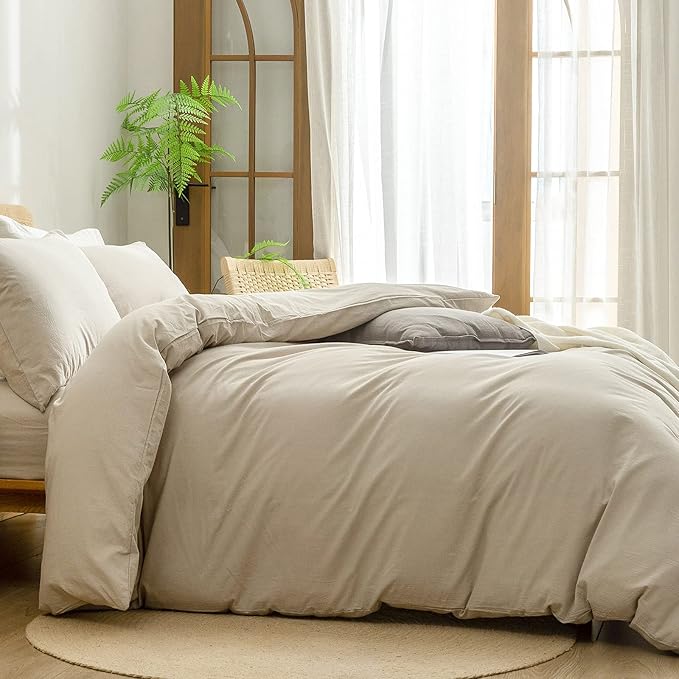 BESTOUCH Duvet Cover Set 100% Washed Cotton Linen Feel Super Soft Comfortable Chic Lightweight 3 PCs Home Bedding Set Solid Almond Milk Grey Full/Double