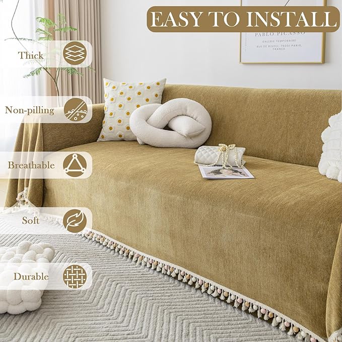 HANDONTIME Couch Covers for Pets Boho Mustard Yellow Love Seat Couch Covers Brown Sofa Cover for Dogs Pet Couch Protector Chenille Tassel Sofa Slipcovers Sofa Throw Cover Boho Decor, 91" X134"