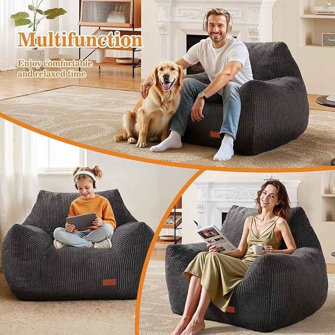 Big Bean Bag Chair for Adults & Kids, Ultra Soft Living Room Bean Bag with Armrests, Stuffed BeanBag Floor Sofa for Napping, Gaming, Lounging, Dark Gray