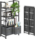 4NM No-Assembly Folding Bookshelf Storage Shelves 4 Tiers Vintage Bookcase Standing Racks Study Organizer Home Office (Gray Black)