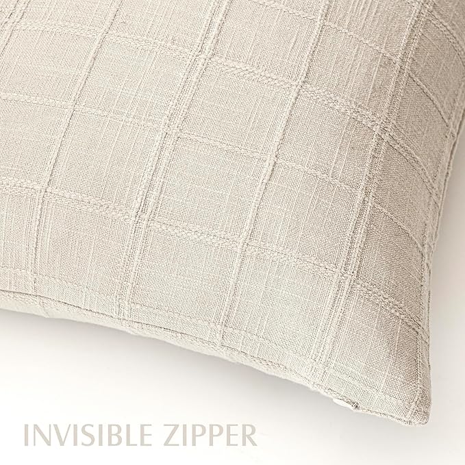 Foindtower Set of 2 Decorative Linen Check Throw Pillow Covers Neutral Farmhouse Vintage Cushion Covers Modern Boho Home Decor For Sofa Chair Couch Bedroom Living Room Outdoor,18×18 Inch,Natural Beige