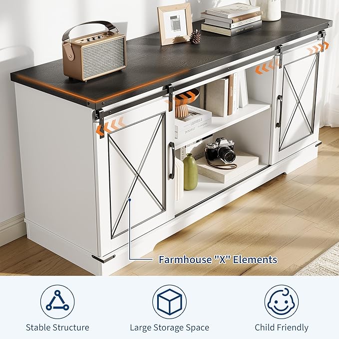 CABIHOME Farmhouse TV Stand and Entertainment Center for TV Up to 65 Inches with Sliding Barn Doors and Adjustable Shelf, TV Media Storage Console Table and Furniture for Living Room, Bedroom, White