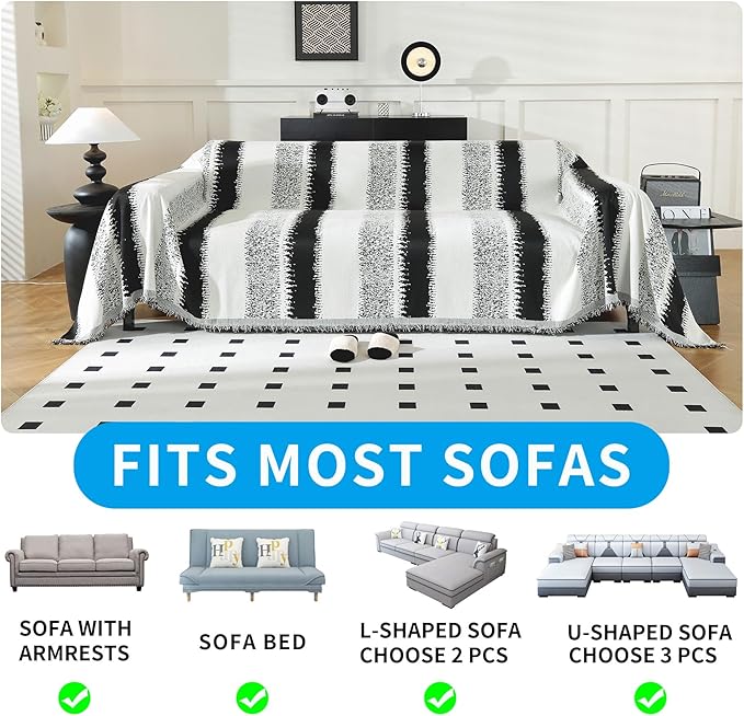 LUFEIJIASHI Boho Couch Covers for Sofa Non Slip Sofa Covers Washable Couch Covers for 3 Cushion Couch Sofa Pet Friendly Sectional Couch Cover Blanket Furniture Protector for Dogs (Black, 91"x134")