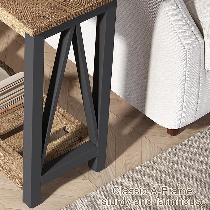 ChooChoo Farmhouse End Table, Narrow Side Table, Slim End Table with Storage Shelf for Small Spaces for Living Room, Bedroom Rustic Oak & Black