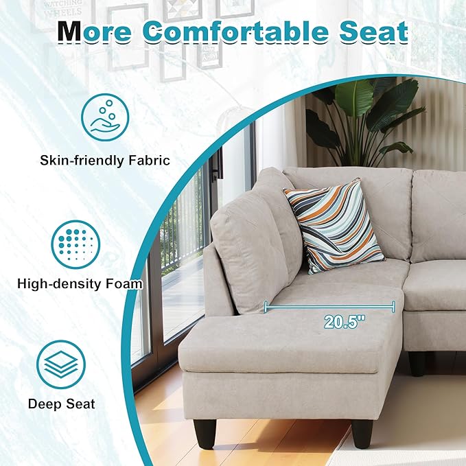 97" Oversized Sectional Couch, L Shaped Couch with Storage Ottoman, Modern Modular Sofa with Deep Seat, Sectional Couches for Living Room and Office, Off-White (Flannelette)