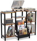 REVOLV Tall Record Player Stand with Vinyl Storage - Vinyl Record Stand with 3 Tier Shelf, Front Pouches - Versatile Music Table Cabinet for Books, Rustic Console Turntable Furniture for 300+ Records