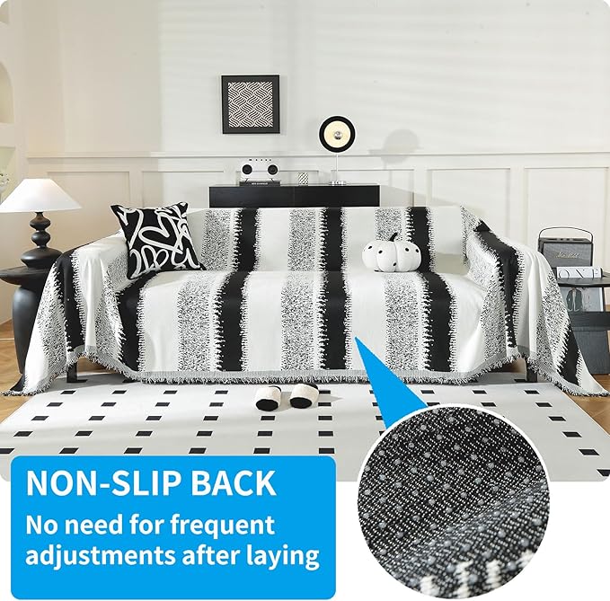 LUFEIJIASHI Boho Couch Covers for Sofa Non Slip Sofa Covers Washable Couch Covers for 3 Cushion Couch Sofa Pet Friendly Sectional Couch Cover Blanket Furniture Protector for Dogs (Black, 91"x134")