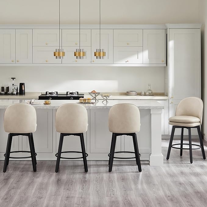 Counter Height Barstools 26 inch Upholstered Swivel Bar Stools with Back and Wood Legs for Kitchen Island,Set of 3,Beige PU Leather-Armless