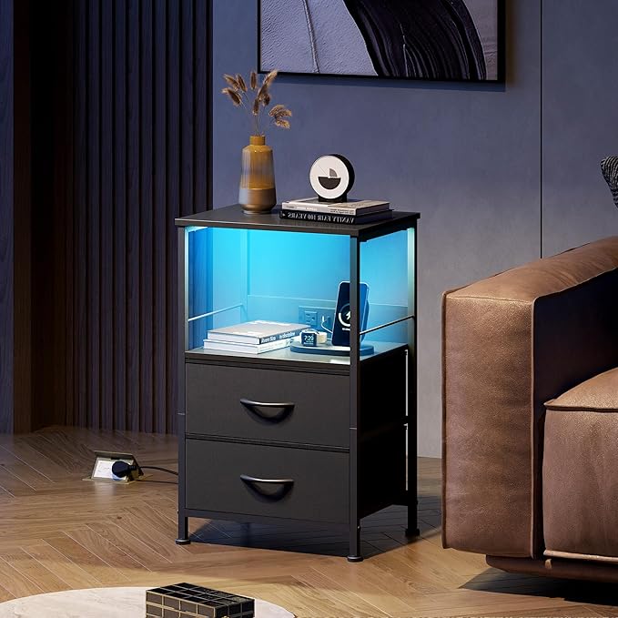 WLIVE LED Night Stand with Charging Station, Black Nightstand with 2 Fabric Drawers and Storage Shelf, Dorm Bedside Table End Table with 2 USB Ports and Outlets, Small Dresser for Bedroom, Living Room