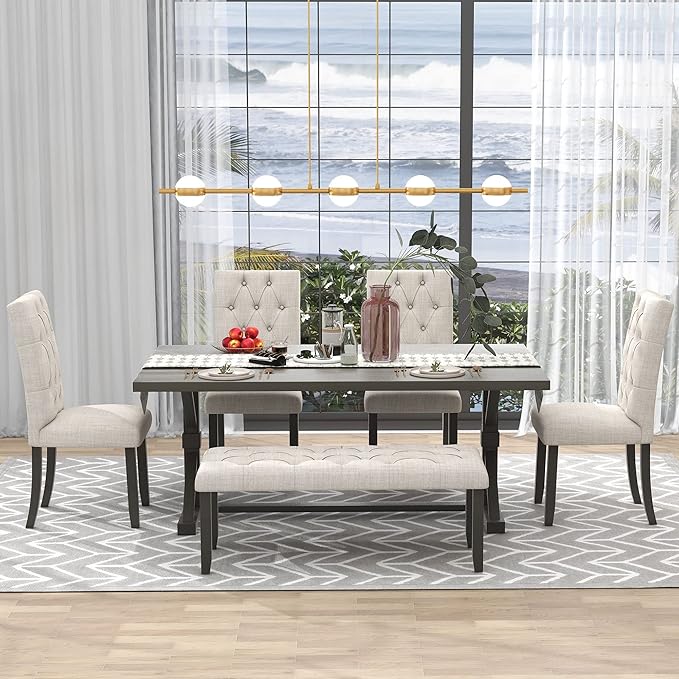 Ball & Cast 6 Piece Dining Table Set with 4 Upholstered Chairs and 1 Bench,Wooden Living Room Furniture for 6 W/ 72" Rectangle Desk,for Small Space,Apartment,Dining Room,Gray