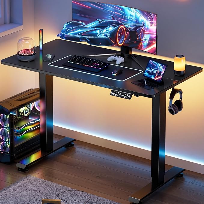 Veken Standing Desk Electric 47.2 Inch, Height Adjustable Sit Stand Up, Wood Desktop, Work Home Office Computer PC Table, Tall Standup Workstation, Gaming Writing Study Bedroom Rising Desks, Black