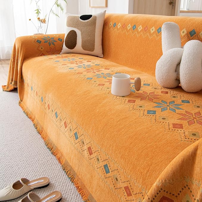 STACYPIK Orange Jacquard Sofa Cover for Sectional, Boho Couch Cover for Loveseat, Non Slip & Stain-Resistant Furniture Protector for 3 Cushion Couch, Reversible Couch Slipcover for Dogs-71X150IN