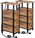 Narrow End Tables Living Room Set of 2 with Charging Station, Skinny Side Table with Fabric Drawers, Slim Nightstand for Bedroom, Small Spaces, Couch, Rustic Brown, HETNDP03PBR