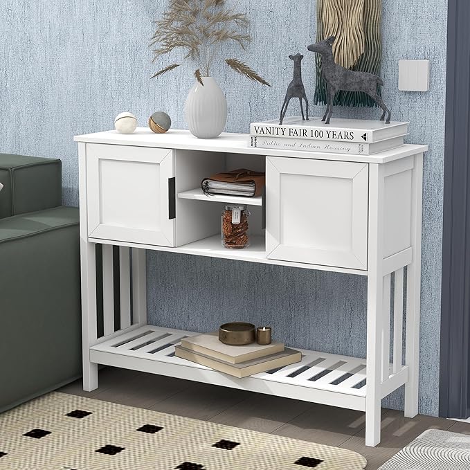 TaoHFE Console Table with Storage with Doors,Modern Fashion White Narrow Side Table Wooden Entry Table with Storage,Hallway Table for Living Room Entryway