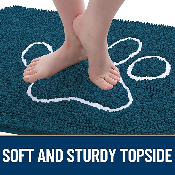 OLANLY Door Mat for Muddy Dog Paws 40x32, Absorbent Chenille Mud Doormat with Paw Print Design, Non-Slip Washable Doormat for Indoor Entryway, Quick-Dry Pet Bed Mats for Dirty Dogs, Atlantic Blue