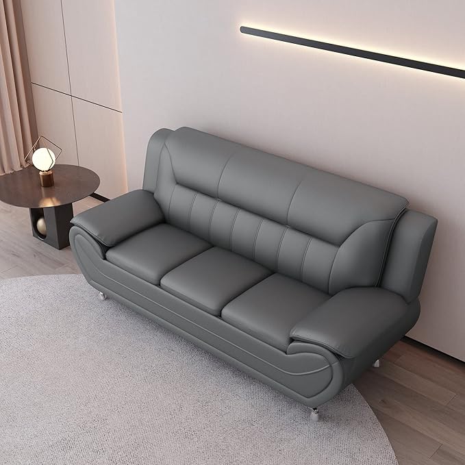 Container Furniture Direct Michael Modern Faux Leather Upholstered Stainless Steel Legs Living Room Sofa, Chair, Gray
