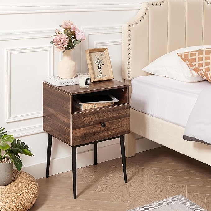 VECELO 2-Tier Nightstands Bedside Table with Storage Drawer and Open Wood Shelf, End Table for Living Room, Bedroom and Small Spaces, Night Stand with Metal Legs, Easy Assembly
