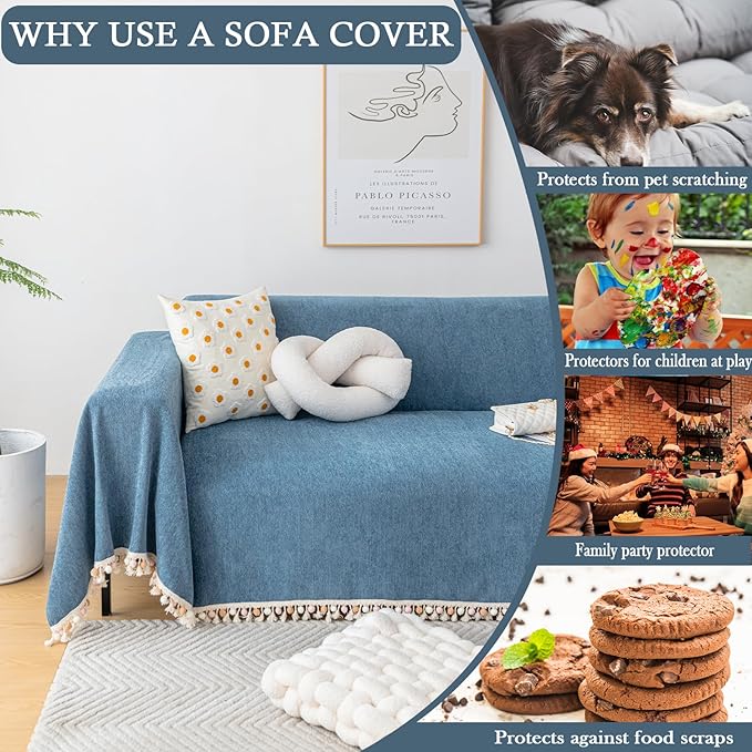 HANDONTIME Couch Slipcover Dog Sofa Covers Boho Couch Cover for Dogs Blue Sofa Throw Cover Bohemian Sofa Covers for 3 Cushion Couch Herringbone Sectional Couch Cover Slipcovers for Sofas, 91" X150"