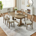 KEIKI Retro 7-Piece Wooden Dining Table Set for 6 Person, Vintage Table Set with Extendable Curved MDF Wood Grain Table and 6 Upholstered Chairs, Easy Assembly, for Kitchen, Dining Room, Whtie Oak