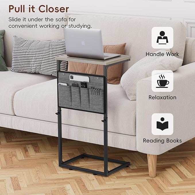 Vagusicc C Shaped End Table, 33'' Tall Side Table for Couch, Adjustable Height Small Couch Side Table for Small Spaces, C Table Slide Under Sofa Table TV Tray Arm Table for Living Room, Bedroom, Grey