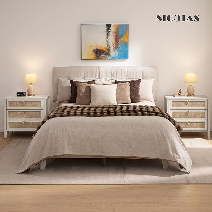 SICOTAS White Night Stand with Drawers - Large Rattan Bedside Table with Golden Handle, 3 Drawers Nightstand Tall End Table Side Table Boho Nightstand for Bedroom