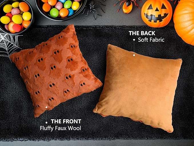 4TH Emotion Halloween Ghost Decorative Pillow Covers 20x20 Set of 2, Rust Red Soft Plush Faux Fur Farmhouse Throw Cushion Cases for Fall Autumn Holiday Home Decorations